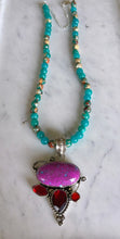 Serpentine and Jasper Necklace with Purple Turquoise and Garnet Sterling Silver Pendant