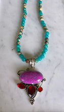 Serpentine and Jasper Necklace with Purple Turquoise and Garnet Sterling Silver Pendant