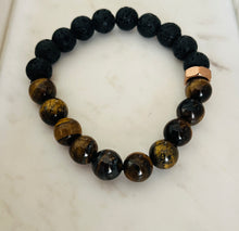 SOLD~Raw Black Lava, Tiger Eye & Copper Hardware Stretch Bracelet.