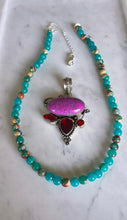 Serpentine and Jasper Necklace with Purple Turquoise and Garnet Sterling Silver Pendant