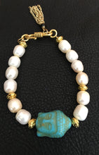 SOLD~Fresh Water Pearls & Carved Turquoise Buddha center stretch bracelet.