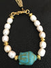 SOLD~Fresh Water Pearls & Carved Turquoise Buddha center stretch bracelet.