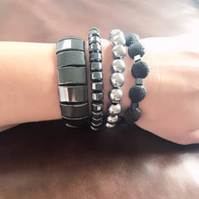 Black Lava Lentil Stone & Hematite Cube Stone Stretch Bracelet